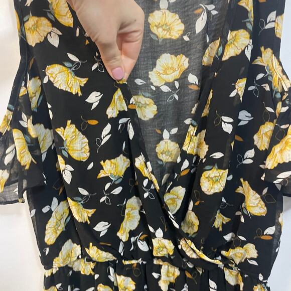 Gilli Black Yellow Floral High Low Cold Shoulder V-Neck Ruffles Dress Large - Picture 4 of 8